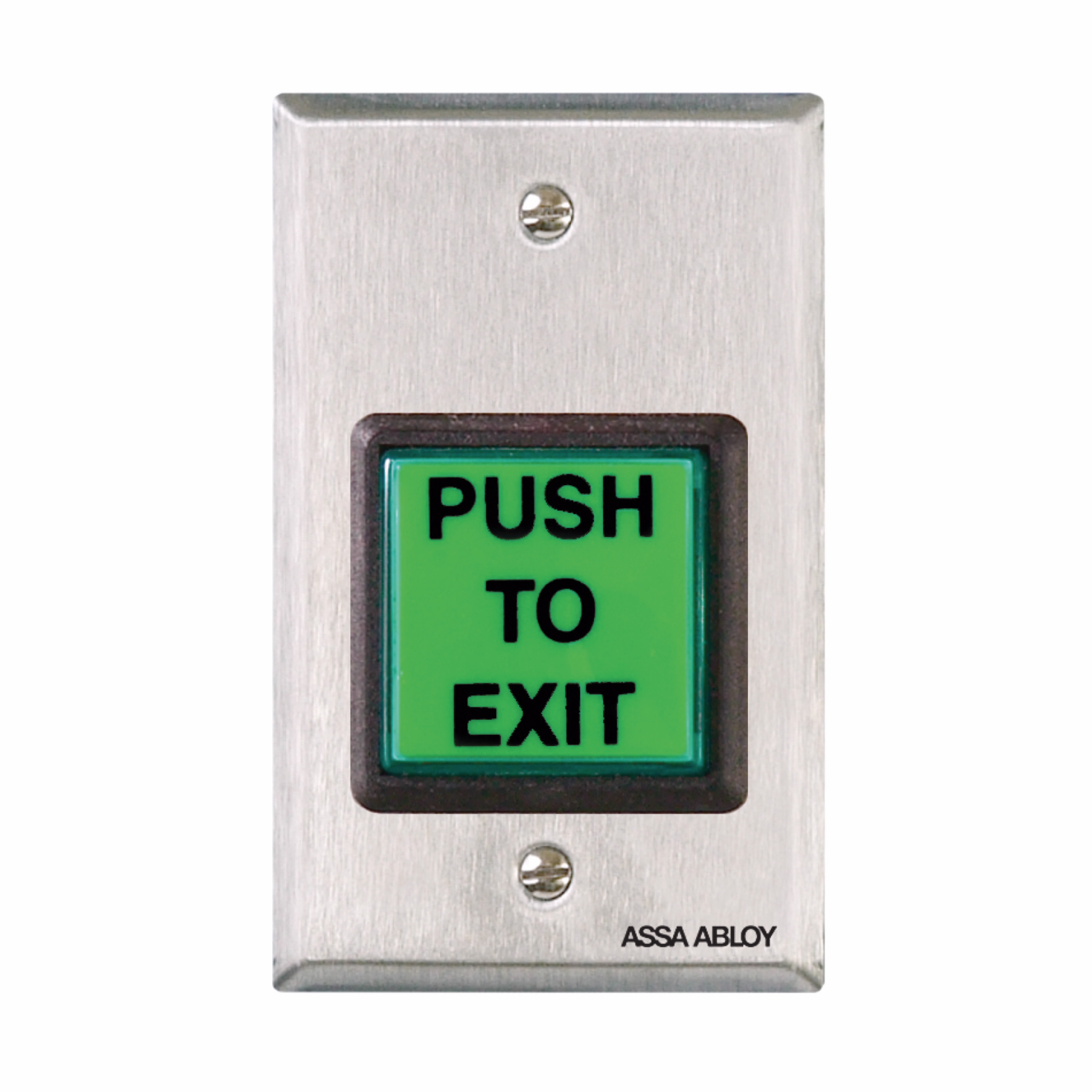 HEAVY DUTY EXTERNAL PUSH BUTTON WITH PRESS TO EXIT LOGO. 